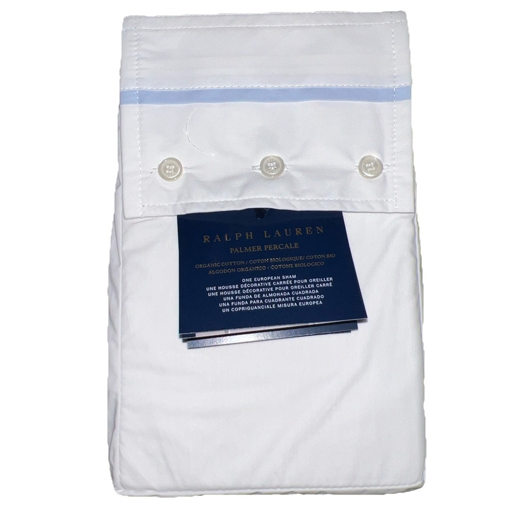 Ralph Lauren Palmer Percale Euro Sham White/Sky Blue Cotton $140 New 26 X 26